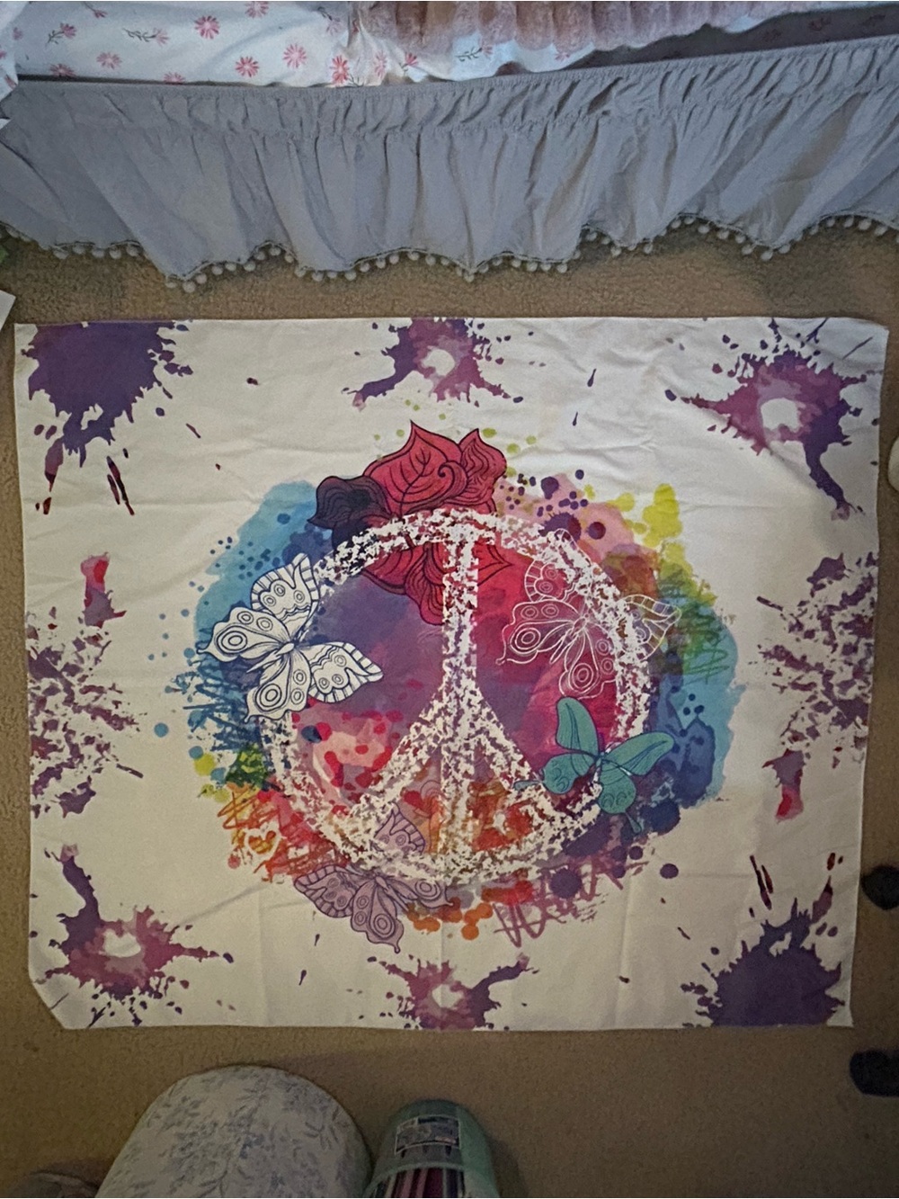 Boho Peace Sign Tapestry with Multicolor Butterfly Design